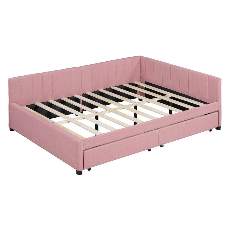 Full Size Upholstered Daybed with 2 Storage Drawers Sofa Bed Frame No Box Spring Needed, Linen Fabric