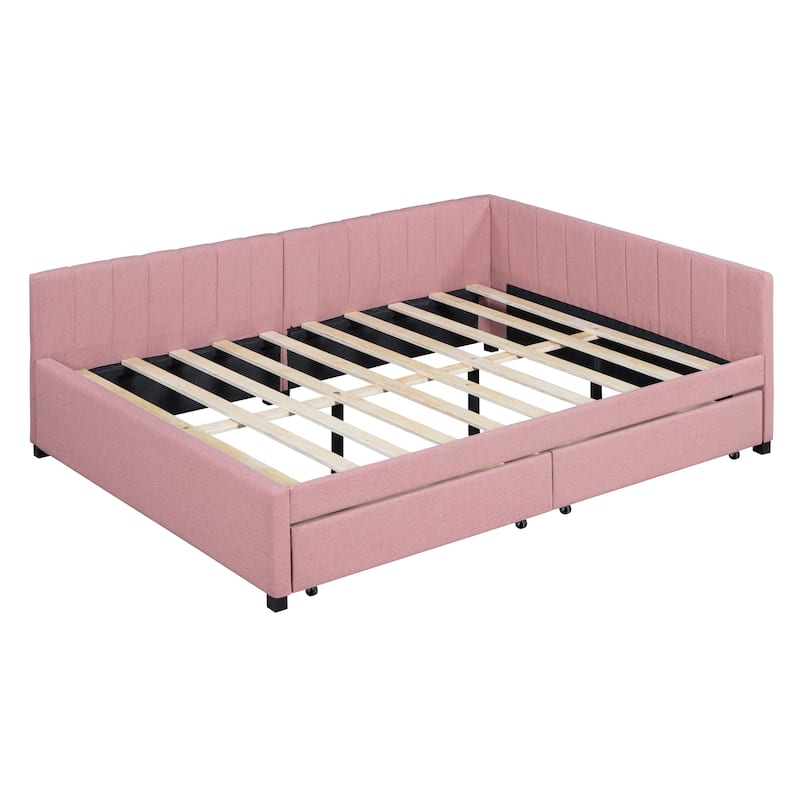 Full Size Upholstered Daybed with Storage Drawers, Linen Fabric, Pink