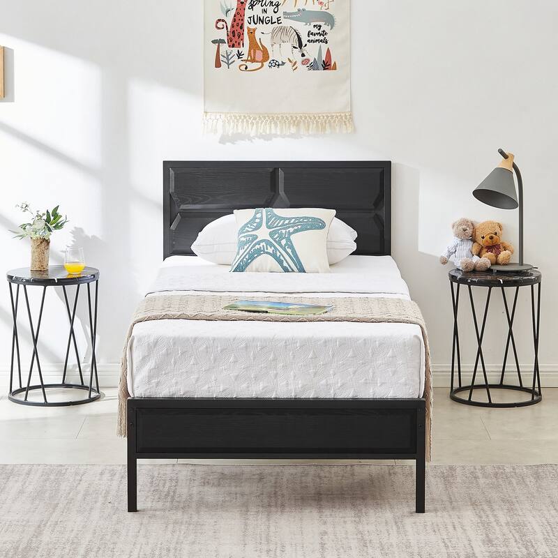 Javlergo Twin/Full/Queen Platform Bed Frame with Wooden Headboard, No Box Spring Needed, Easy Assembly - Black - Twin