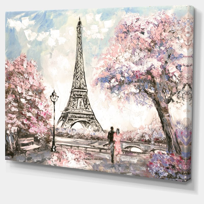 Designart Eiffel with Pink Flowers Landscape Canvas Art Print
