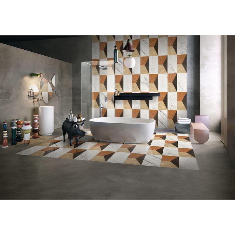 Roomfitters Waterjet Marble Tile, Polished Natural Stone for Floor and Wall, Genuine Marble, 2-Piece Box, White Gold Red Gray