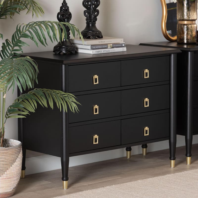 Tamra Black Wood Chest with Drawers - Bedroom Storage Unit with Metallic Accents, 6-Drawer Modern Transitional Bedroom Storage