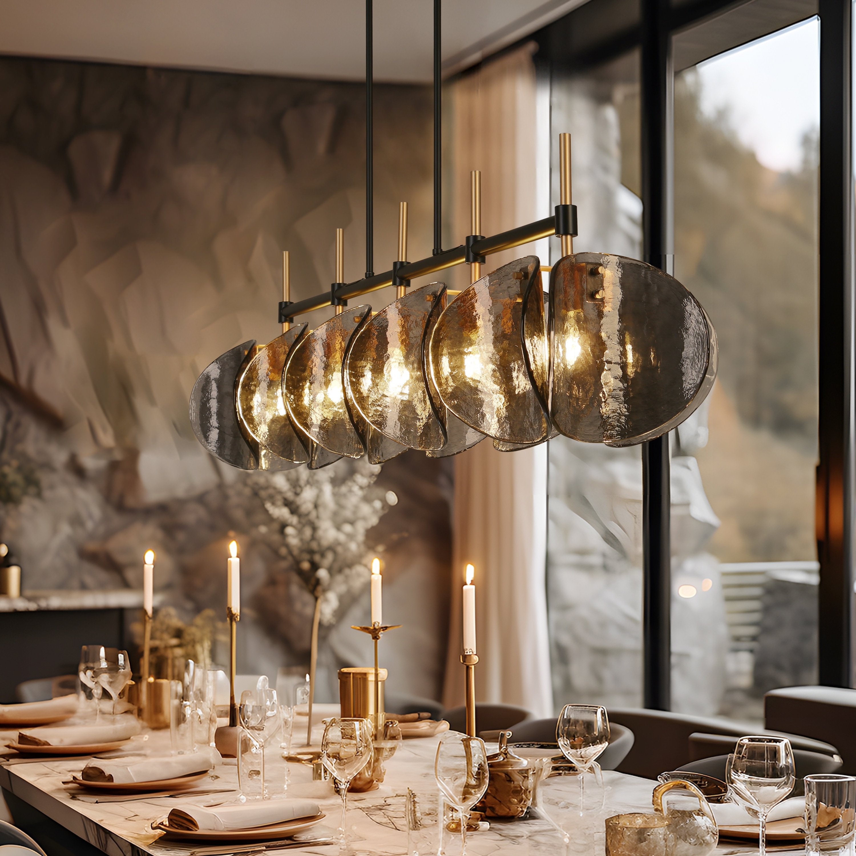Kela Modern 5-Light Linear Textured Gray Glass Chandelier for Kitchen Island Dining Room - W 52.1" x D 11" x H 16.3"