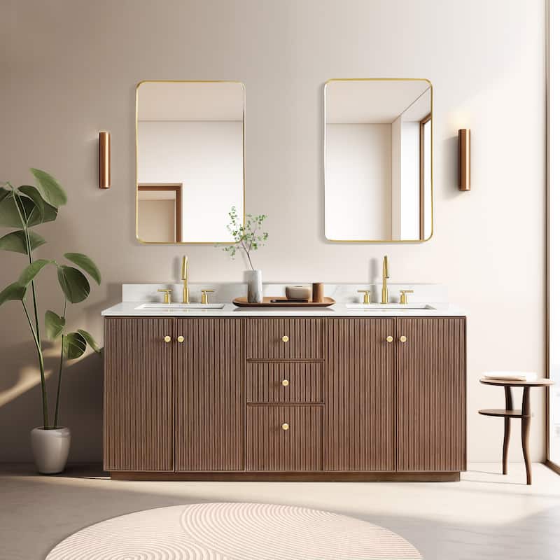 Oza Bath Vanity with Quartz Stone Top and Mirror - 72in. - Dark Brown Oak