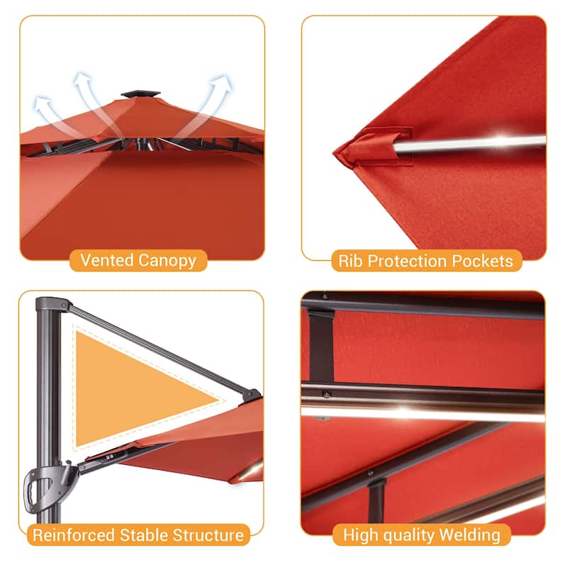 LIVOOSUN 11Ft LED Patio Hanging Double Top Octagon Cantilever Umbrella with 360-degree Rotating Canopy, Red