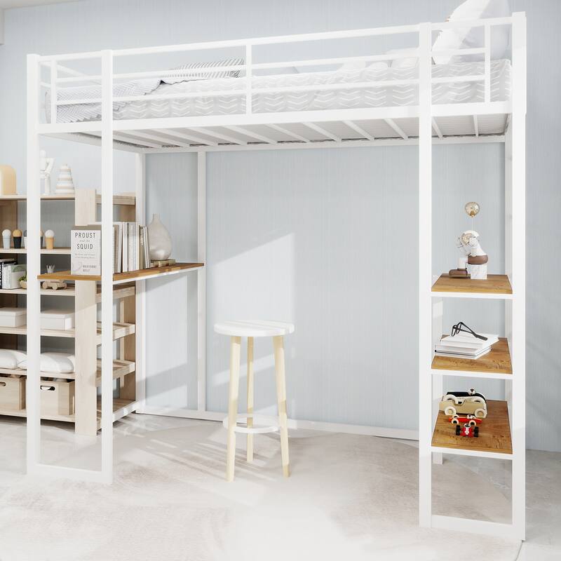 Iron High Loft Bed with Storage Shelves and Desk, Heavy Duty Metal Bed Frame with Safety Guardrail, No Box Spring Needed