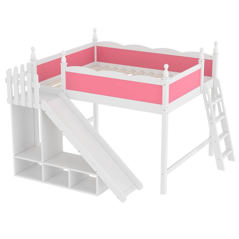 Queen Loft Bed with Storage Shelves and Wardrobe, Solid Wood Loft Beds with Detachable Slide and Ladders, No Spring Box Needed