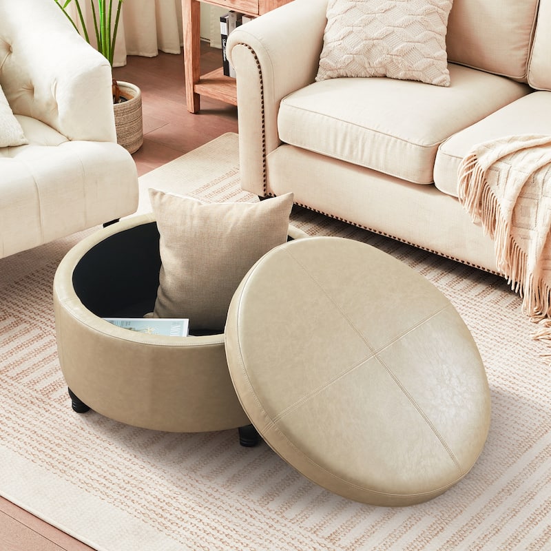Faux Leather Round Storage Ottoman