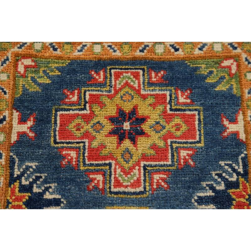 Blue Geometric Kazak Oriental Accent Rug Hand-Knotted Wool Carpet - 1'11" x 3'0"