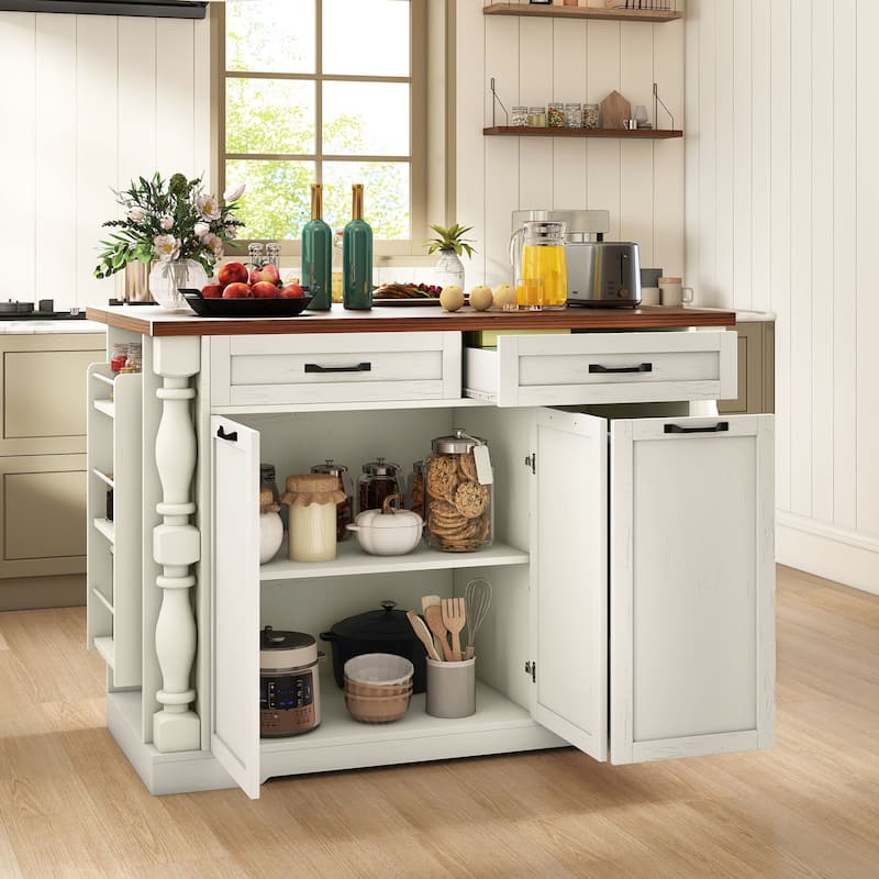 Moasis 47.6 inch Mobile Kitchen Island with Drop Leaf and Power Outlet&Pull-Out Trash Can Storage