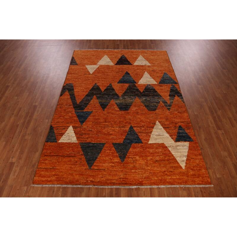 Geometric Orange Moroccan Oriental Rug Hand-Knotted Wool Carpet - 6'10" x 9'10"