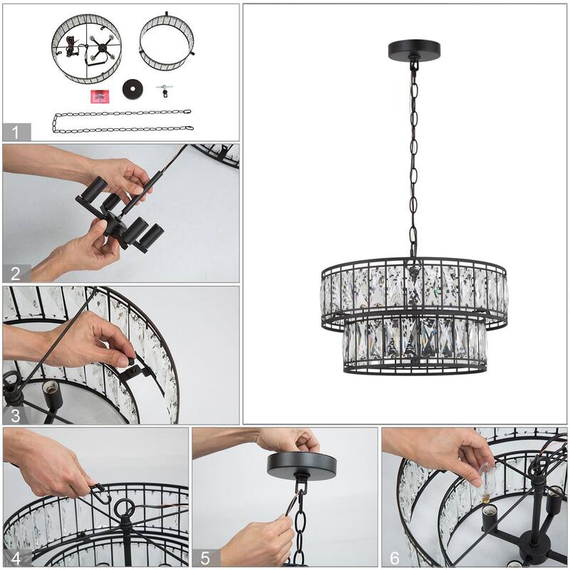 Aulia Modern Black Crystal 4-Light Drum Chandelier Lights for Dining Room - D15.5" x H10"