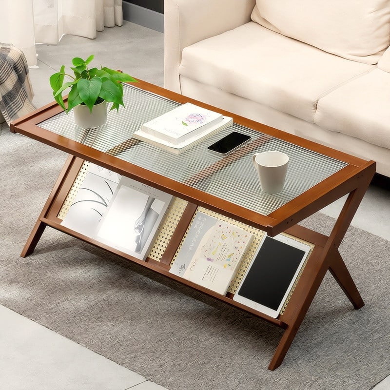 Mid-Century Modern Rattan Coffee Table with Glass Top & Storage, Brown Boho Center Table for Living Room