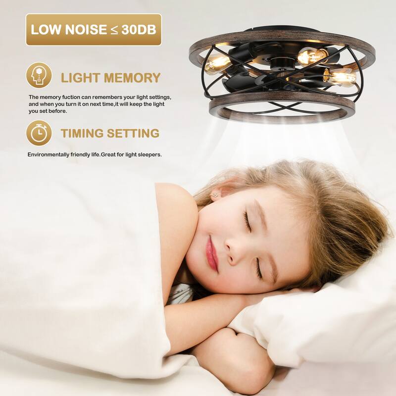 18" Rustic Wood Caged Flush Mount Ceiling Fan, 3-Speed Farmhouse Reversible Ceiling Fan with Light Kit and Remote Control