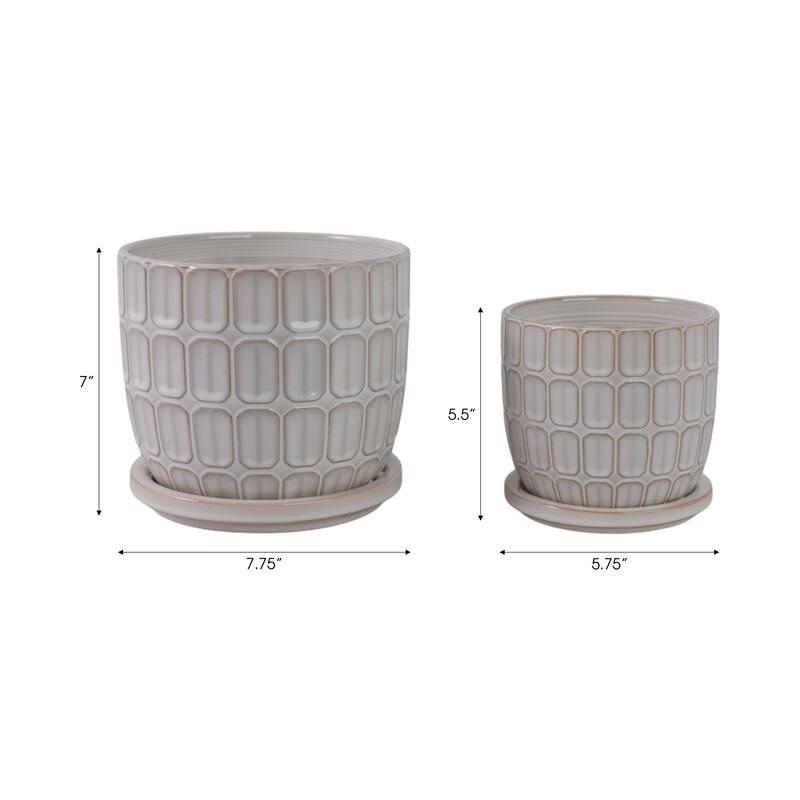 Stoneware Saucer Planters with Embossed Geometric Texture (Set of 2)