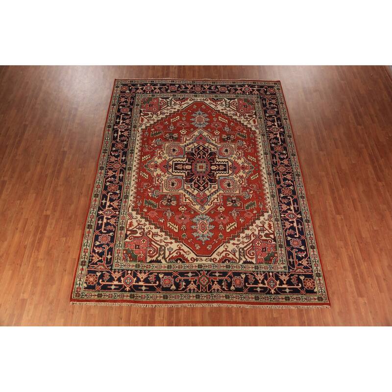 Geometric Heriz Serapi Indian Area Rug Hand-Knotted Wool Carpet - 8'11"x 11'7"