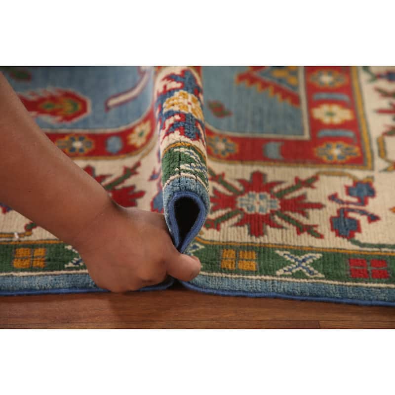 Blue Geometric Kazak Area Rug Hand-Knotted Wool Carpet - 6'10" x 9'7"