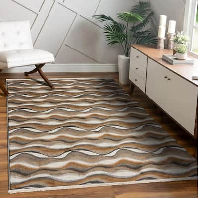 Luxe Weavers Modern Abstract Waves Fringe Area Rug, Non-Shedding Carpet - 2' x 3'