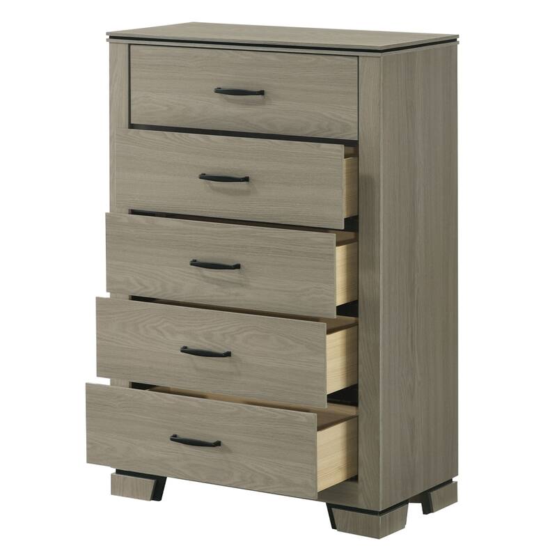 Sleek Gray Five-Drawer Storage Chest, Modern Wooden Bedroom Furniture