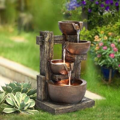 23.2" H Bowls and Fence Resin Outdoor Fountain with LED Lights