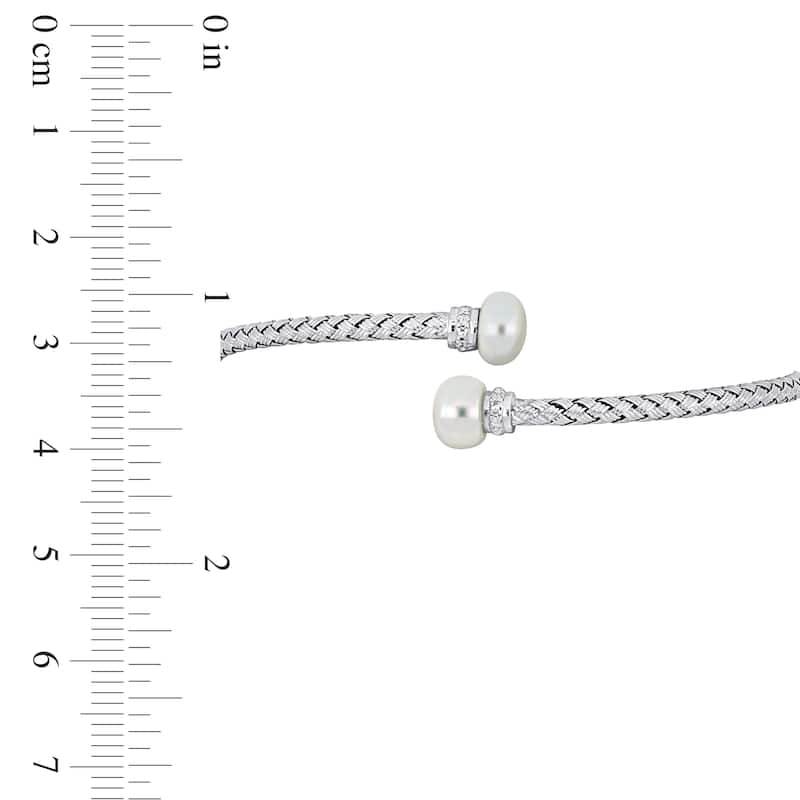Miadora 7-7.5mm Cultured Freshwater Pearl 1/10ct TGW Cubic Zirconia Bangle in Sterling Silver-8 in