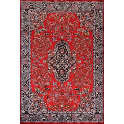 Animals Pictorial Kashan Turkish Area Rug Red Machine Made Carpet - 9'7" x 13'1"