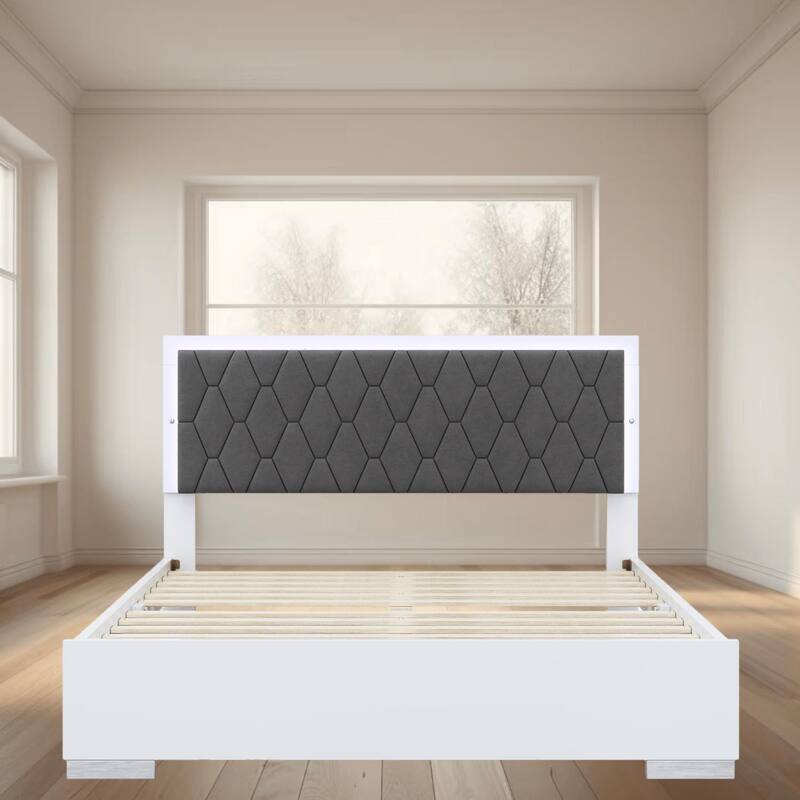 Queen Size Velvet Upholstered Platform Bed Frame with LED Lights and Velvet Headboard for a Modern Bedroom Furniture