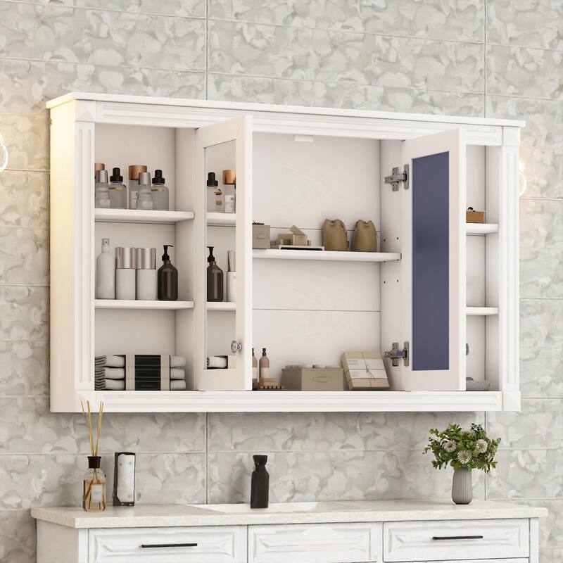 47 Inch Wall Mounted Bathroom Mirror Medicine Cabinet with Storage, Adjustable Shelf and Open Shelves