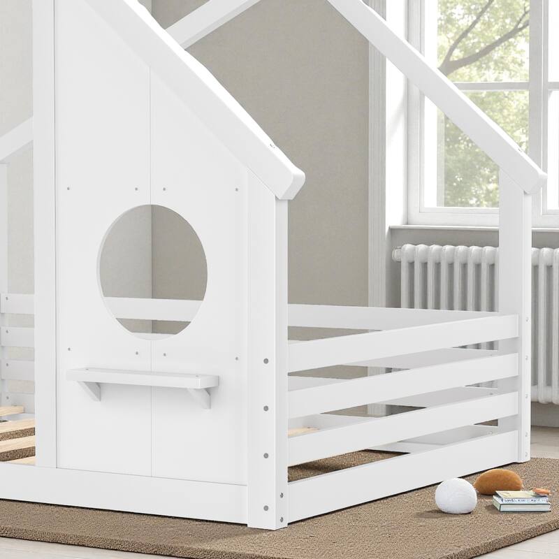 Twin/Full Size Solid Wood House Floor Bed with Window and Shelf, Montessori Low Bed Frame for Kids, No Box Spring Needed