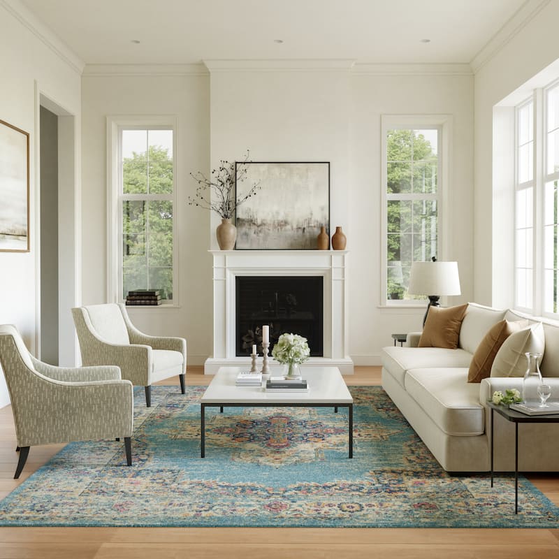 Porch & Den Dobbin Vintage Persian Medallion Farmhouse Area Rug - 8' x 10' - Light Blue