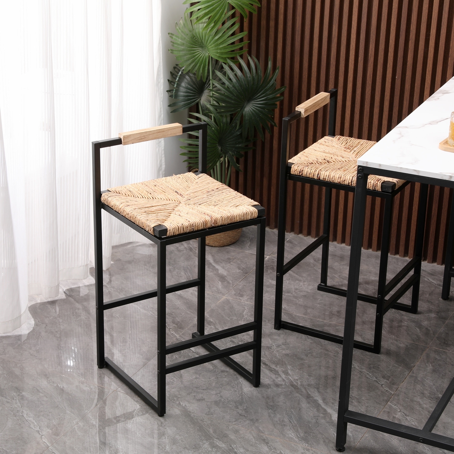Rose Rustic Set of 2 Counter Height Bar Stools with Handwoven Woven Seat, Low Back Support and Footrest by GDFStudio