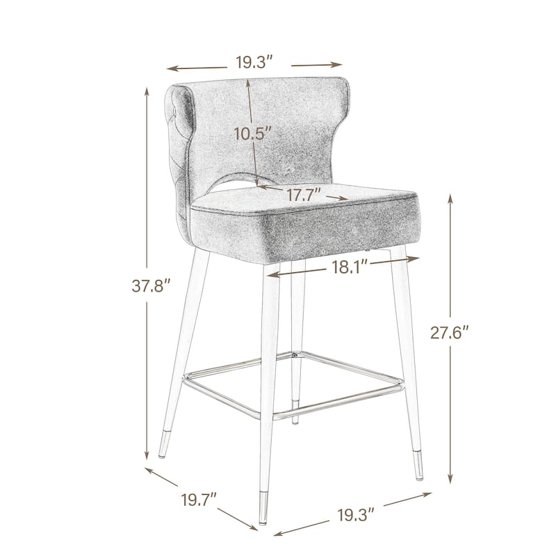 Contemporary Velvet Thick Upholstered Counter Bar Stool Set of 2,with Gold Tipped and Black Metal Legs