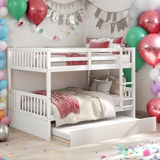 Modern Full Over Full Bunk Bed With Trundle,Convertible To 2 Full Size Platform Bed With Ladder And Safety Rails
