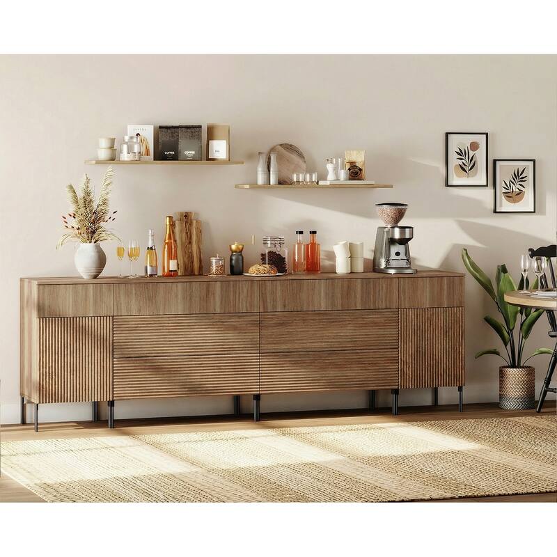 94.5" Wooden Reeded Sideboard With Built-In Charging Station, 4-In-1 Modern Credenza