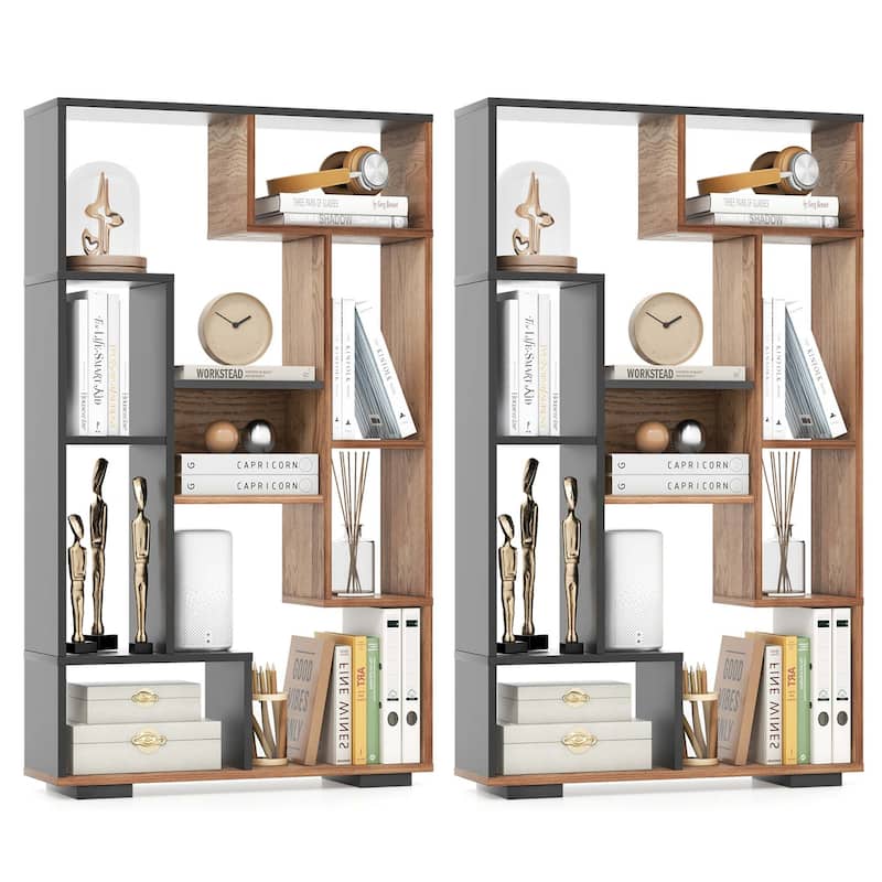 Costway 2 PCS 47" Tall Bookshelf Modern Geometric Bookcase with Open - See Details - Black&Natural