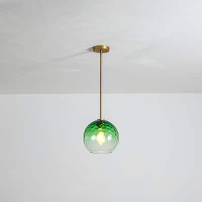 1-Light Modern Gold/Black Green Metal Hanging Pendant for Kitchen Island/Living room with Green Hammer Textured Glass Shade