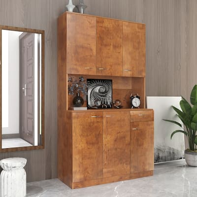 Farmhouse Walnut Wardrobe & Kitchen Cabinet with 6-Doors & Drawer