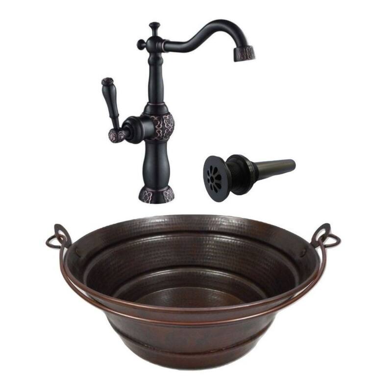 15" Round Copper Vessel Bucket Bath Sink 13" Faucet & Daisy Drain Included - 15" x 15" x 6"