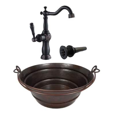 15" Round Copper Vessel Bucket Bath Sink 13" Faucet & Daisy Drain Included - 15" x 15" x 6"