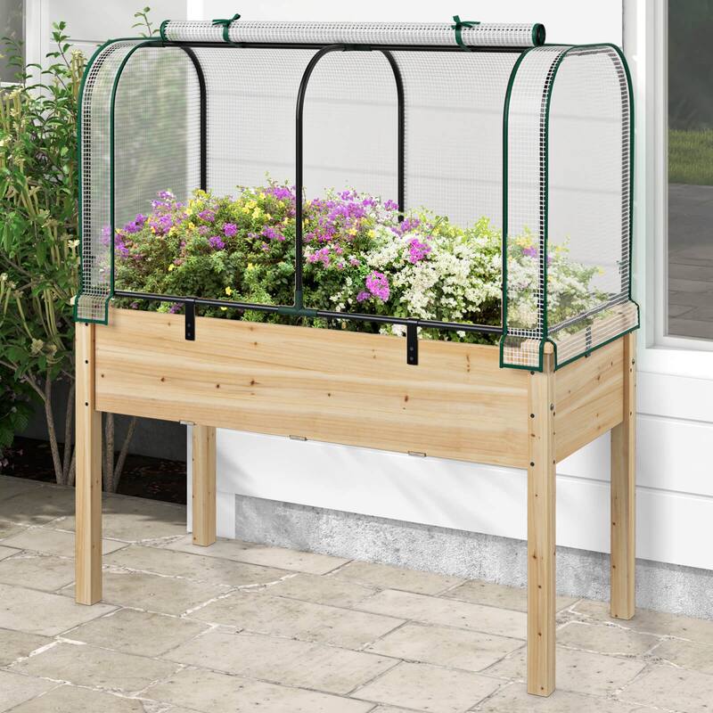 Costway Wood Raised Garden Bed with Greenhouse Cover Mini Portable - See Details