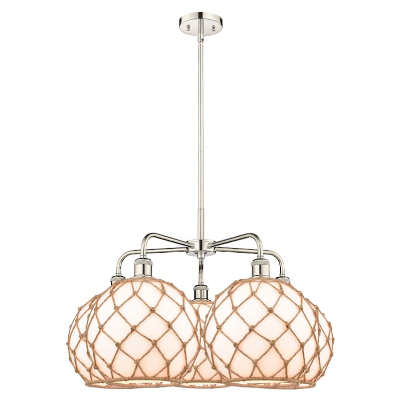 Innovations Lighting Endless Possibilities Ballston - Farmhouse Rope - 5 Light 29" Stem Hung Chandelier - White Glass with Brown Rope/Polished Nickel