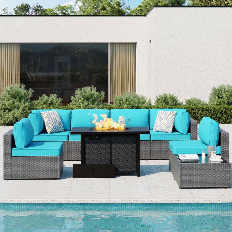 8-Piece Outdoor Patio Wicker Conversation Set with Fire Pit Table, Sectional Sofa & Cushions - N/A - Blue/Silver