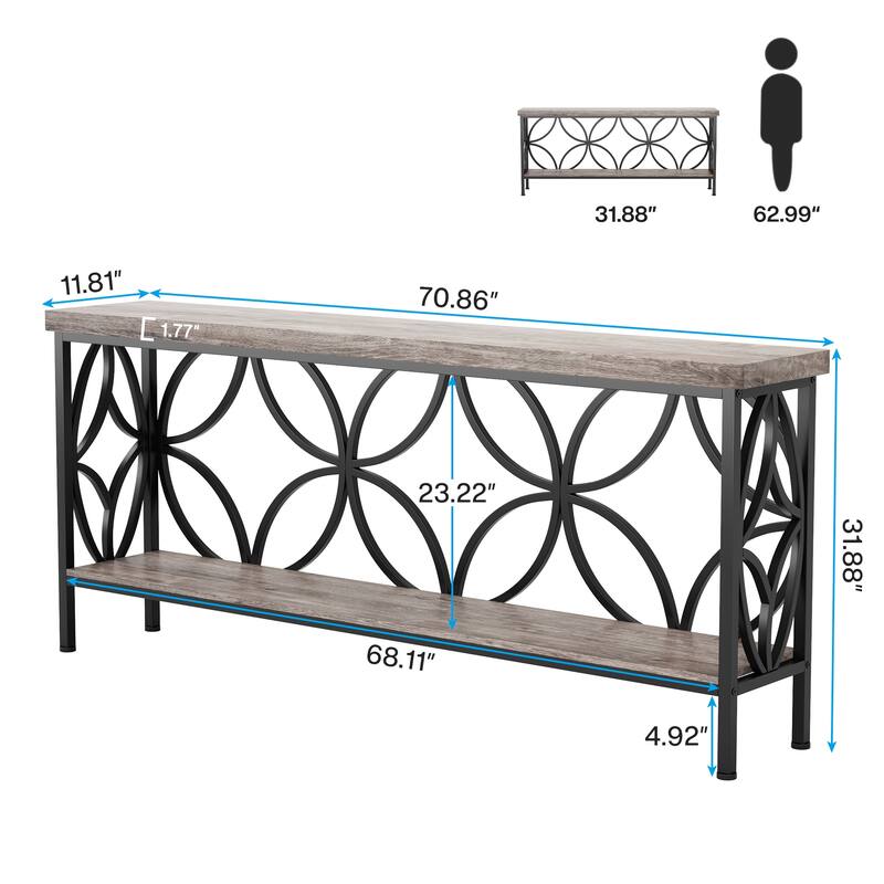 Extra Long Sofa Table with Metal Frame & Rustic Wood Finish - 70.86" L x 11.81" W x 31.88" H
