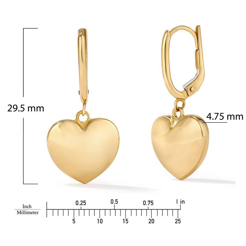 Clover 14k Yellow Gold High-Polish Puffed Heart Leverback Earrings