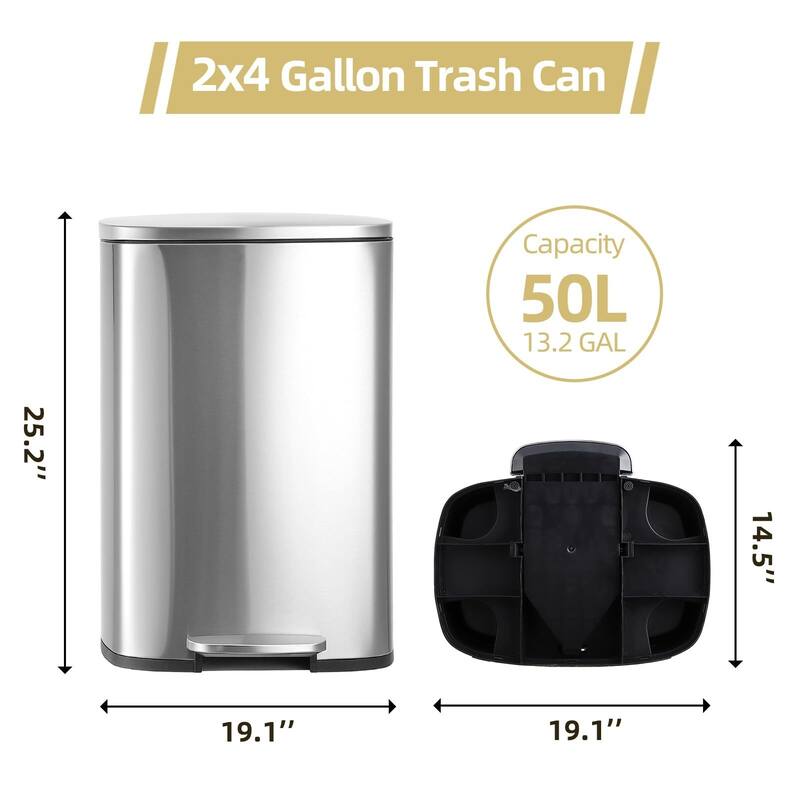 50 L/13.2 Gallon Smudge Resistant Trash Can with Silent Lid