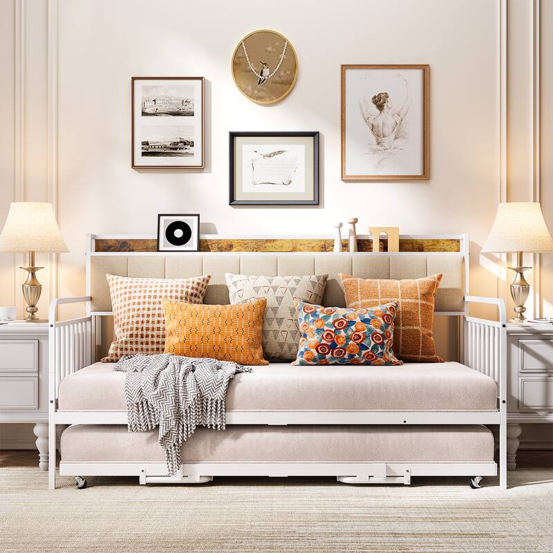 Daybed with Trundle, Twin Bed Frame with Upholstered Headboard and Charging Station
