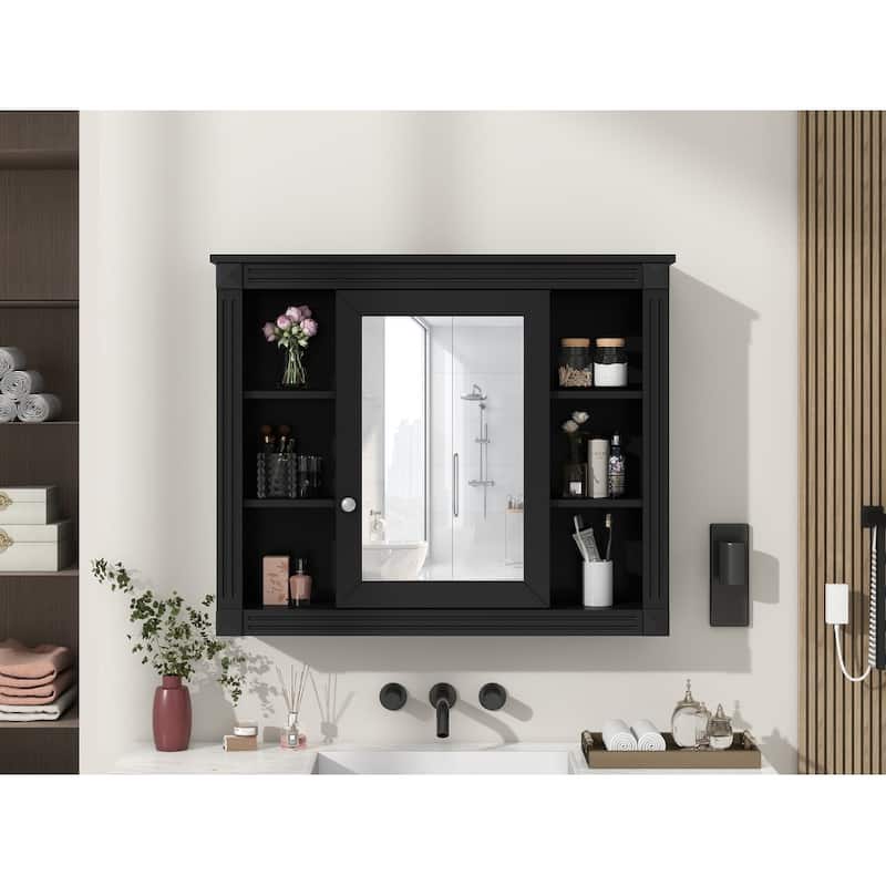 Roomfitters 35"x28" Wall Mounted Mirror Cabinet with 6 Open Shelves, Modern Bathroom Storage Organizer, Black