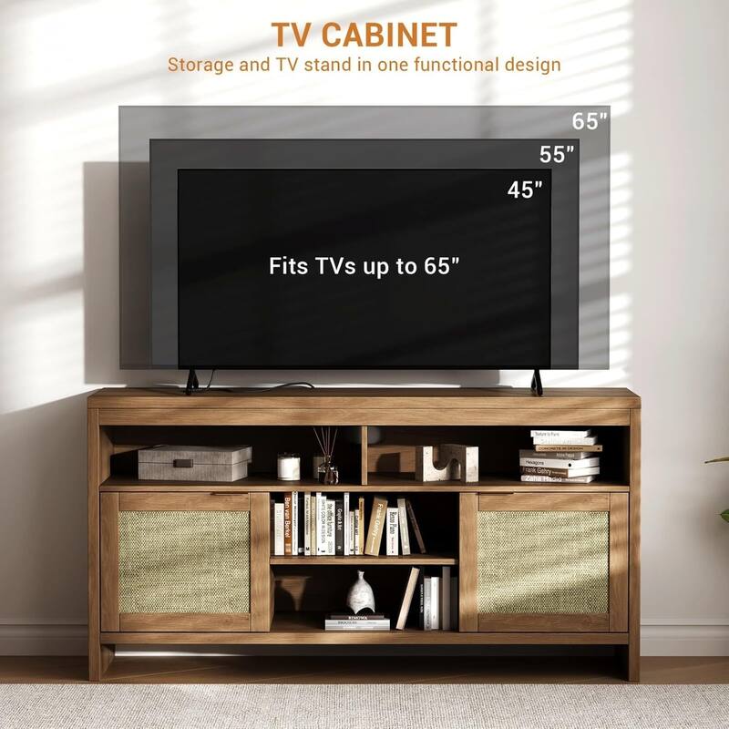 58" Rattan TV Stand for TVs up to 65", Boho Style Entertainment Center - N/A
