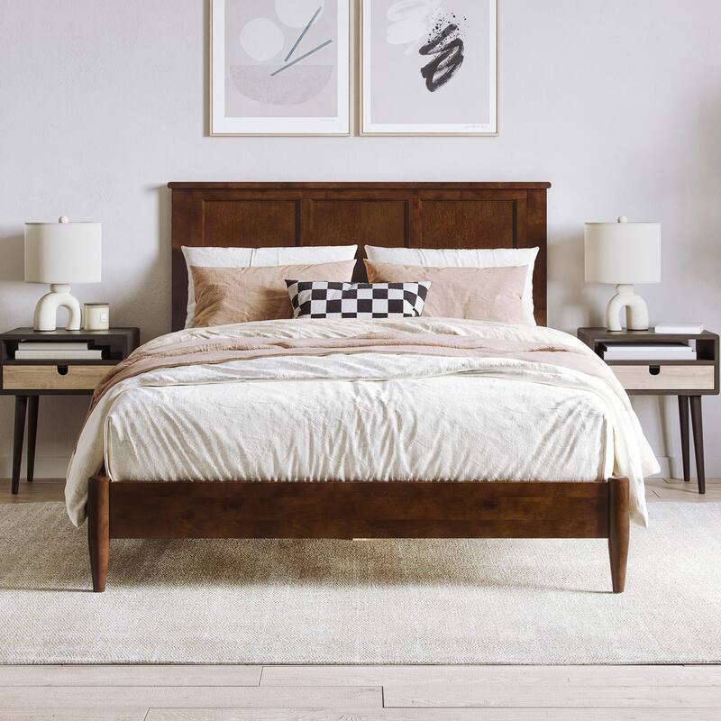 Solid Wood Low Profile Platform Bed with USB Ports - Walnut Finish, Full Size Bed Frame