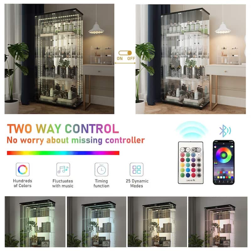 65" Tempered Glass Display Cabinet with Mirror Back, Bluetooth LED Lights, Lockable Doors, Liquor & Storage Cabinet